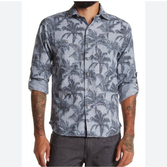 Tommy Bahama Mens XXL Chambray Shirt Shade Blue Ash Palm Tree Long Sleeve Button - Picture 1 of 10